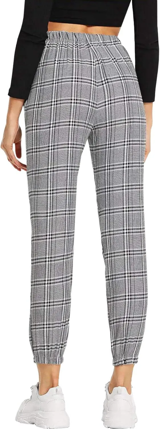 SweatyRocks Women's Tie High Waist Striped Plaid Casual Long Pants with Pockets
