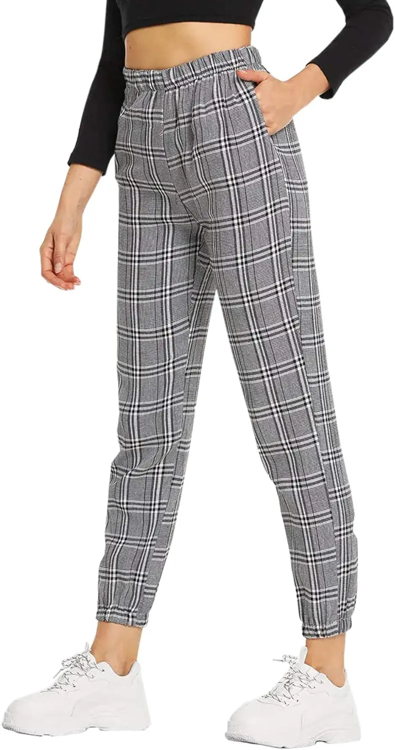 SweatyRocks Women's Tie High Waist Striped Plaid Casual Long Pants with Pockets
