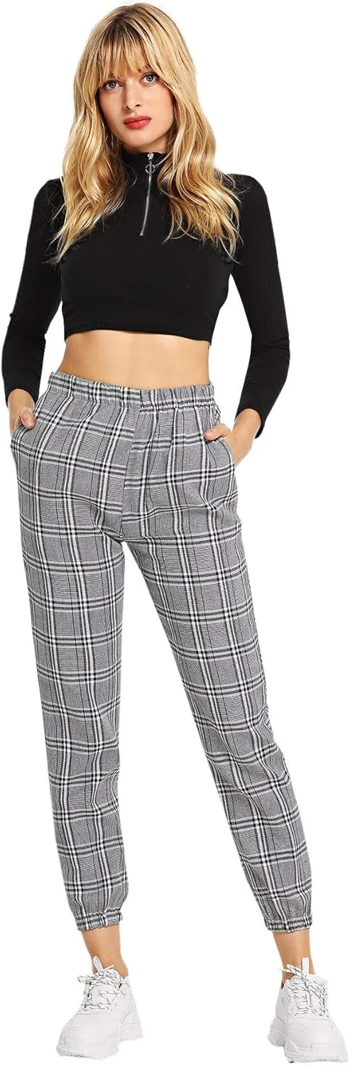 SweatyRocks Women's Tie High Waist Striped Plaid Casual Long Pants with Pockets