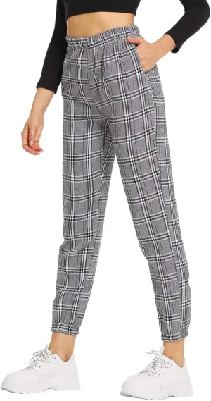SweatyRocks Women's Tie High Waist Striped Plaid Casual Long Pants with Pockets