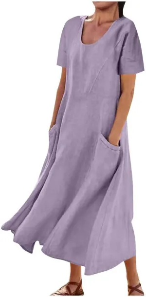 Swing Dresses for Women 2024 Summer Casual Short Sleeve Cotton Linen Dress Loose Ruffle Flowy Maxi Dress with Pockets