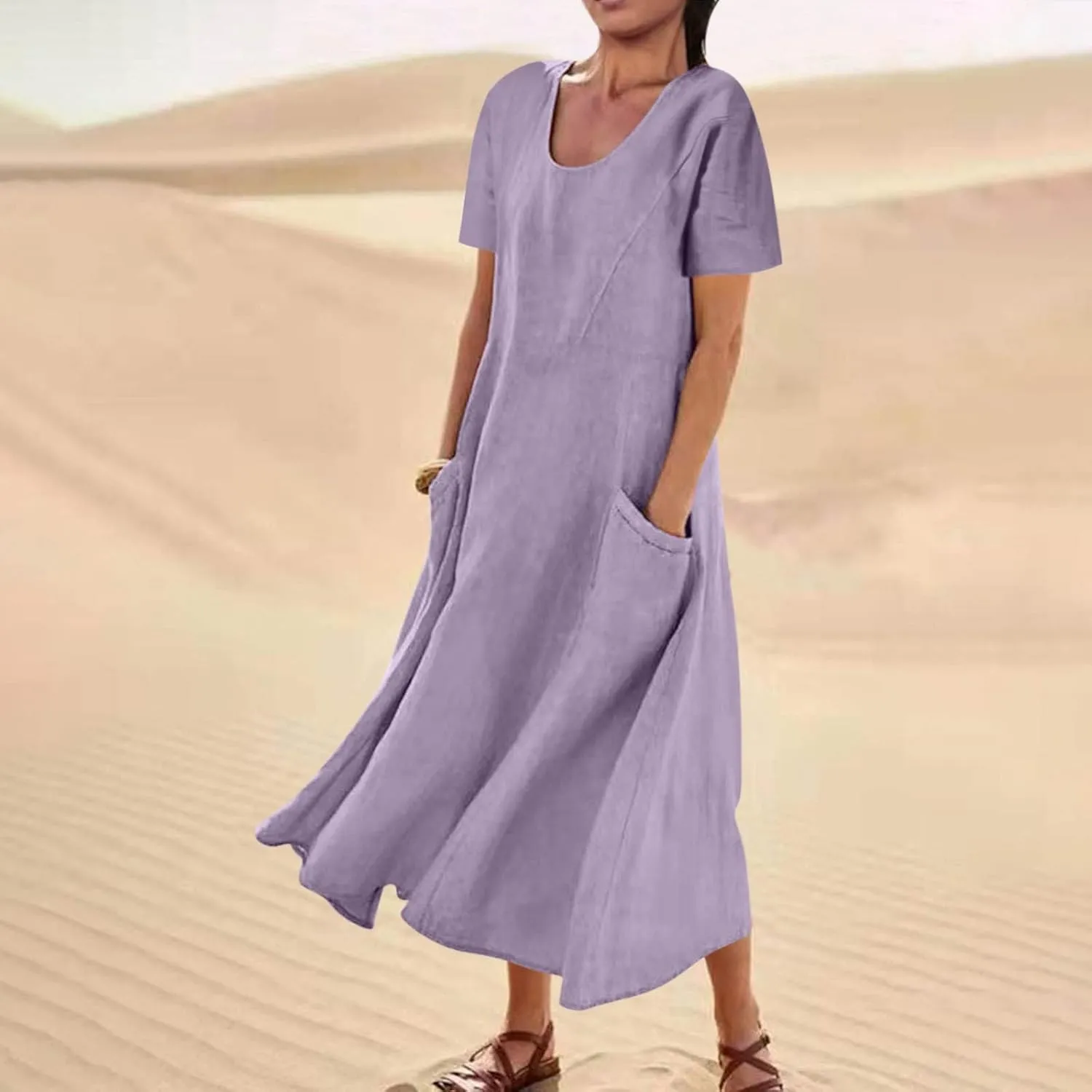 Swing Dresses for Women 2024 Summer Casual Short Sleeve Cotton Linen Dress Loose Ruffle Flowy Maxi Dress with Pockets