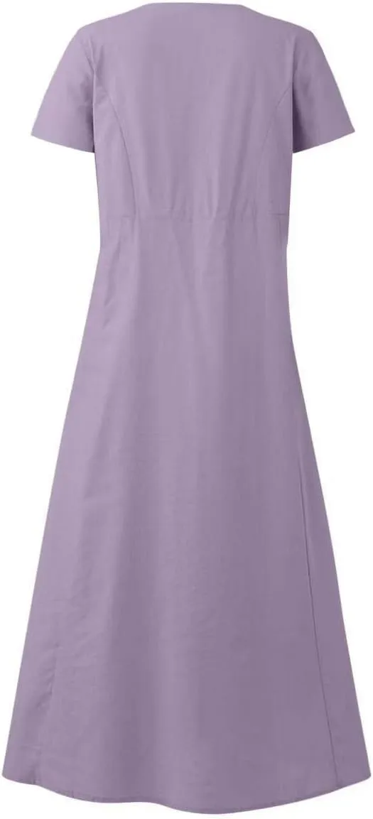 Swing Dresses for Women 2024 Summer Casual Short Sleeve Cotton Linen Dress Loose Ruffle Flowy Maxi Dress with Pockets