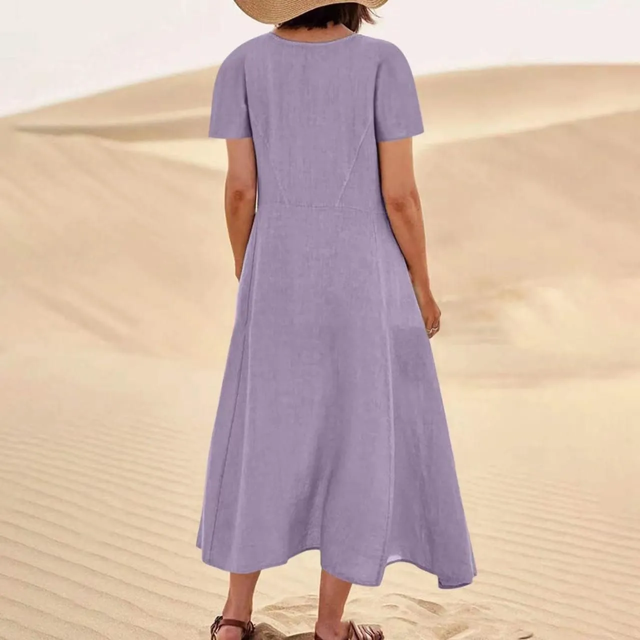 Swing Dresses for Women 2024 Summer Casual Short Sleeve Cotton Linen Dress Loose Ruffle Flowy Maxi Dress with Pockets