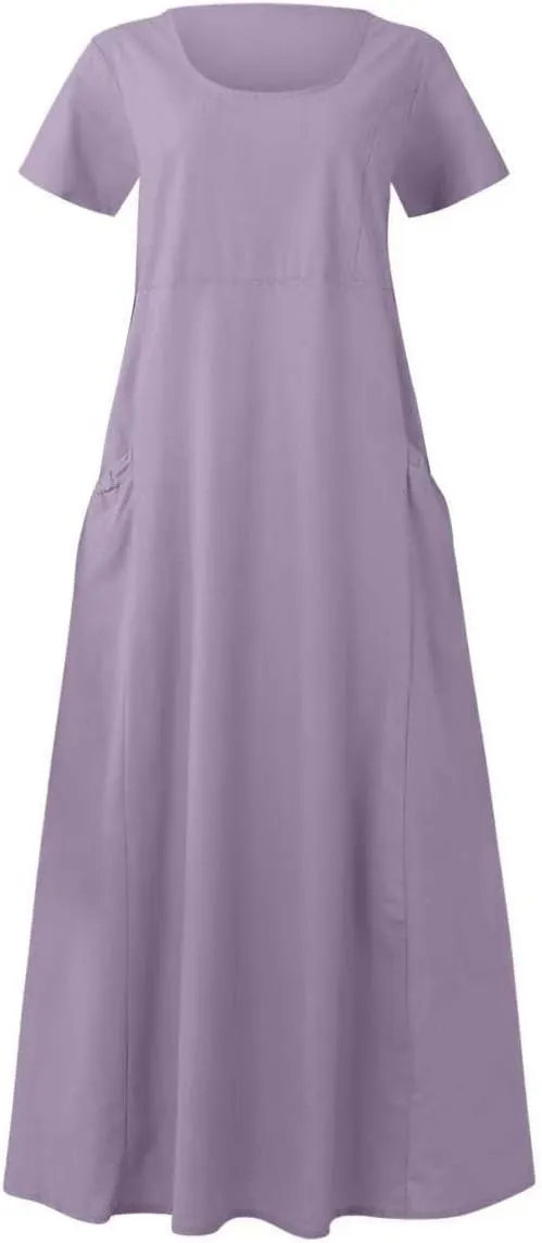 Swing Dresses for Women 2024 Summer Casual Short Sleeve Cotton Linen Dress Loose Ruffle Flowy Maxi Dress with Pockets