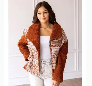Tan Sherpa Sweater with Aztec Details