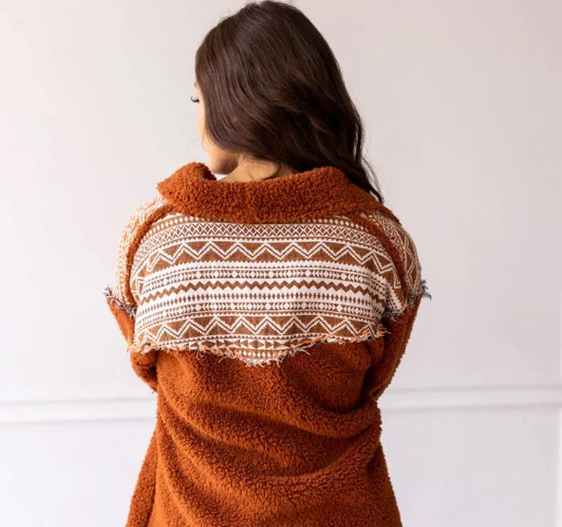 Tan Sherpa Sweater with Aztec Details