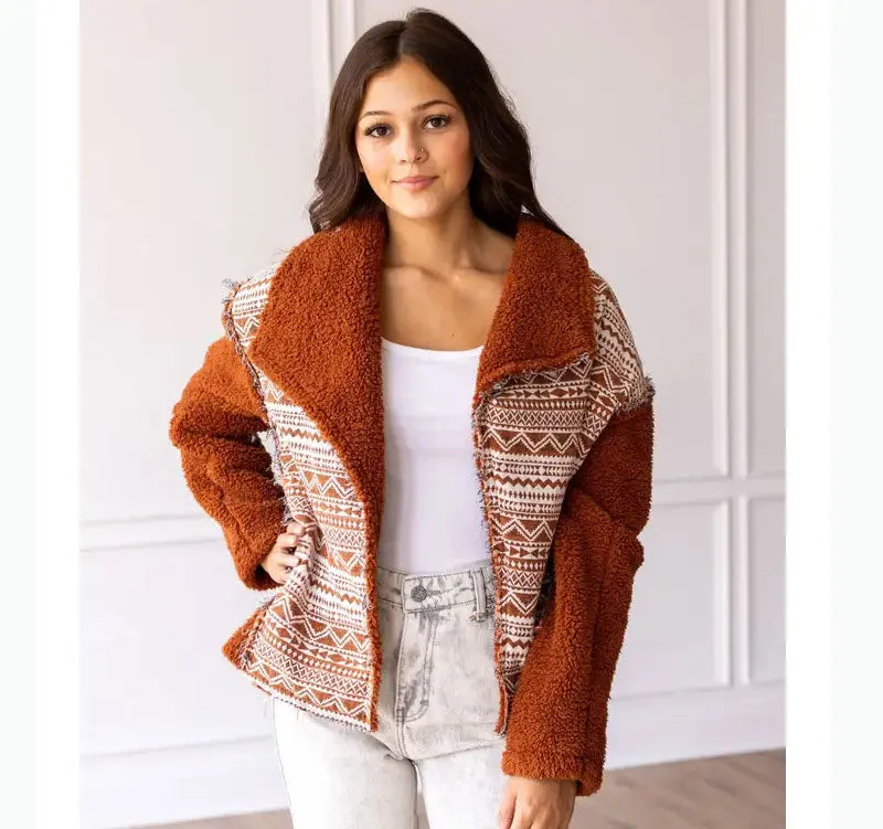 Tan Sherpa Sweater with Aztec Details