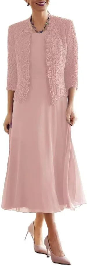 Tea Length Mother of The Groom Dress 2-Pieces Mother of Bride Dresses with Jacket Laces Chiffon Formal Evening Gowns