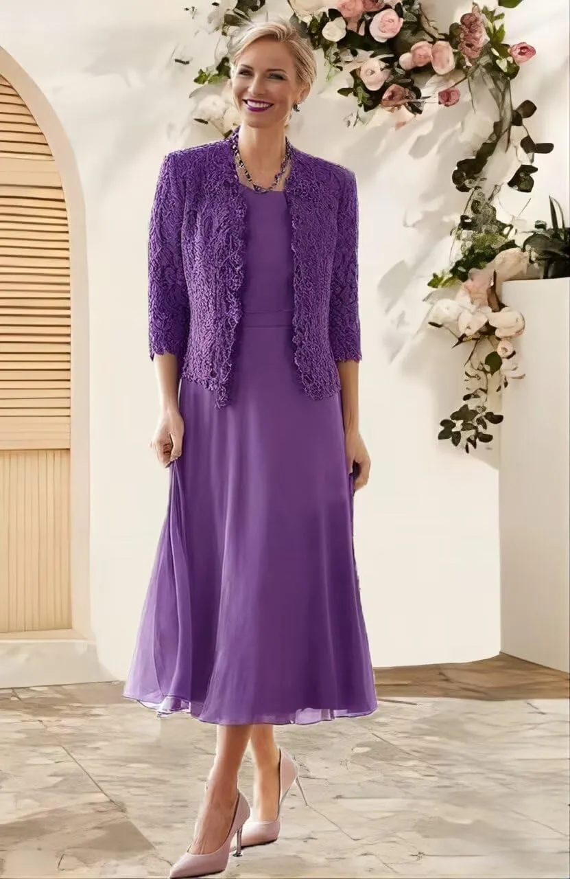 Tea Length Mother of The Groom Dress 2-Pieces Mother of Bride Dresses with Jacket Laces Chiffon Formal Evening Gowns