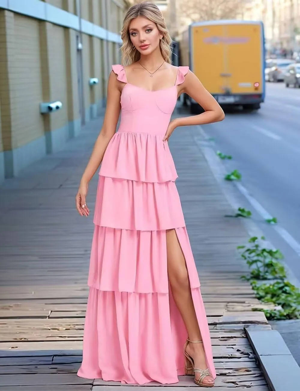 Tiered Ruffle Bridesmaid Dresses for Women Chiffon Long Formal Evening Gown for Wedding Guest with Slit