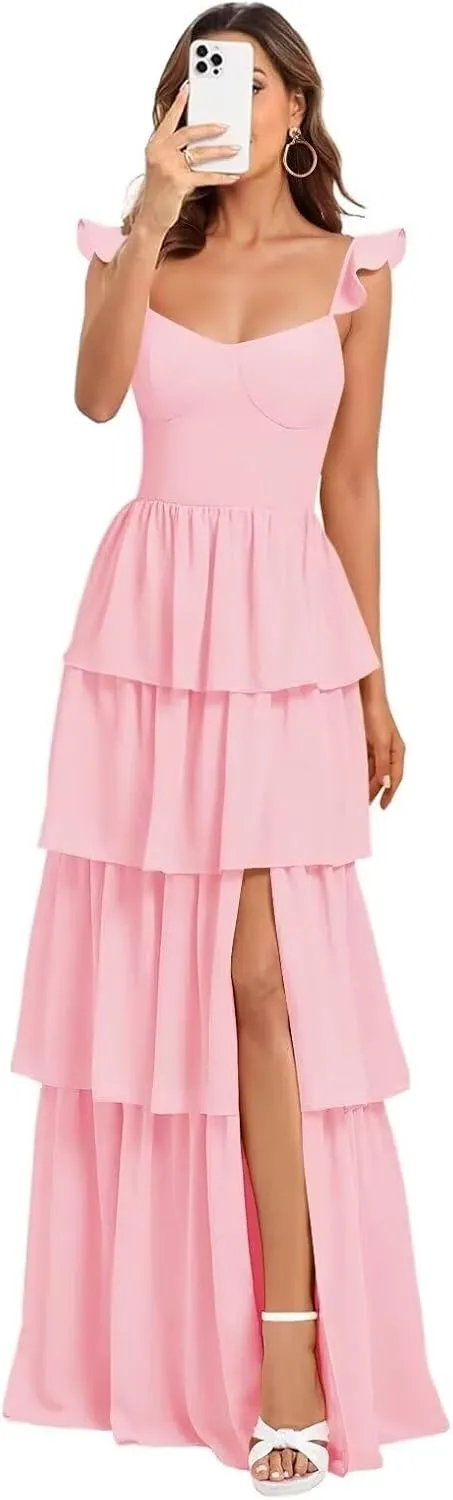 Tiered Ruffle Bridesmaid Dresses for Women Chiffon Long Formal Evening Gown for Wedding Guest with Slit