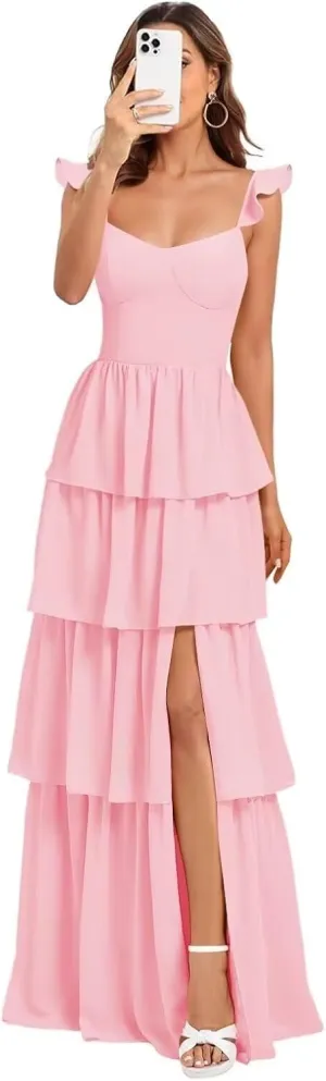Tiered Ruffle Bridesmaid Dresses for Women Chiffon Long Formal Evening Gown for Wedding Guest with Slit