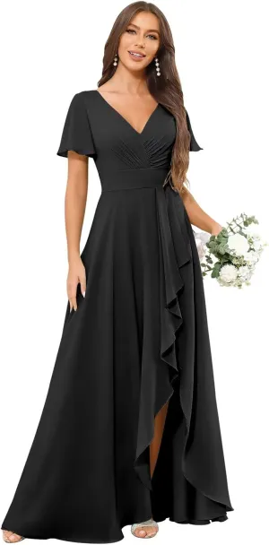 TORYEMY Chiffon Bridesmaid Dresses Long with Sleeves Slit V Neck Ruffle Ruched A Line Formal Evening Dress for Women