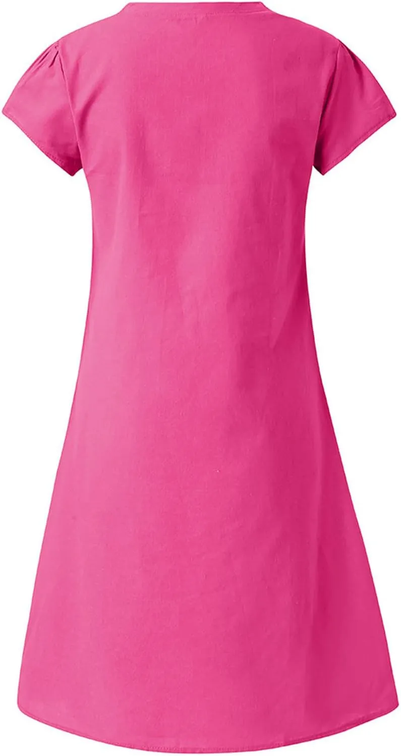 Vacation Dresses for Women Vintage Cotton Short Sleeve V Neck Midi Dress Summer Casual Loose Solid Beach Sundress