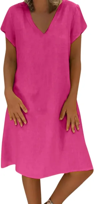 Vacation Dresses for Women Vintage Cotton Short Sleeve V Neck Midi Dress Summer Casual Loose Solid Beach Sundress