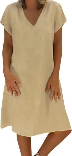 Vacation Dresses for Women Vintage Cotton Short Sleeve V Neck Midi Dress Summer Casual Loose Solid Beach Sundress