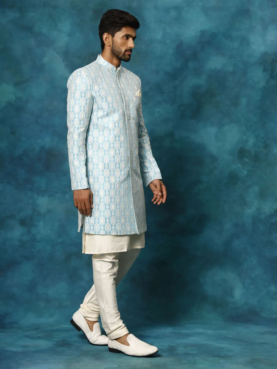 VASTRAMAY Men's Blue Imported Jacquard Indo With Kurta Pyjama Set