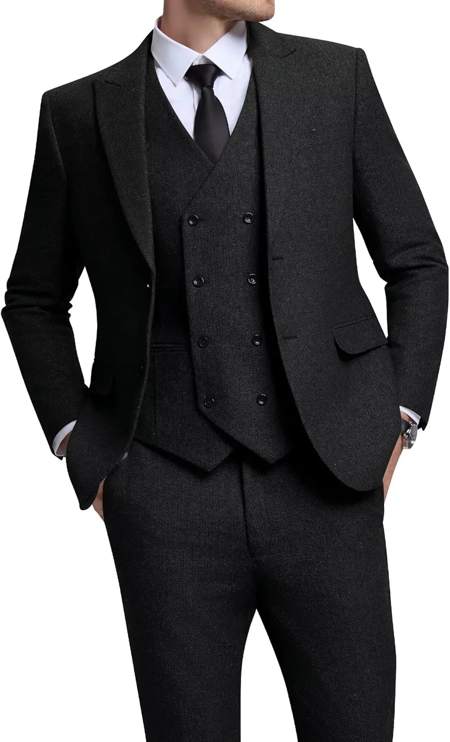 Vintage Tweed Herringbone Suits for Men 2 Button Slim Fit 3 Piece Formal Wool Suit Jacket Vest Pants Men Prom Dress Tuxedo