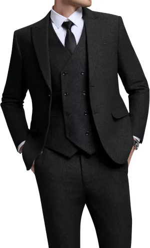 Vintage Tweed Herringbone Suits for Men 2 Button Slim Fit 3 Piece Formal Wool Suit Jacket Vest Pants Men Prom Dress Tuxedo