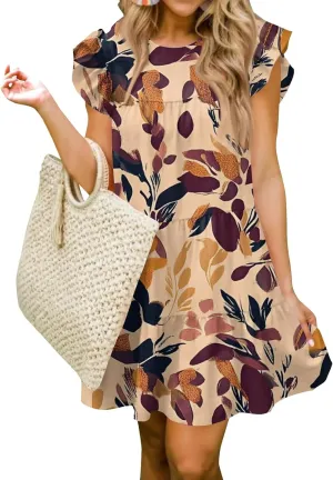 Women Babydoll Summer Casual Crew Neck Ruffle Sleeve Sleeveless Flowy Mini Short Tunic Dress Floral Print Pleated Dress1-Deep Red,Medium