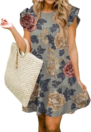Women Babydoll Summer Casual Crew Neck Ruffle Sleeve Sleeveless Flowy Mini Short Tunic Dress Floral Print Pleated Dress3-Gray,Medium