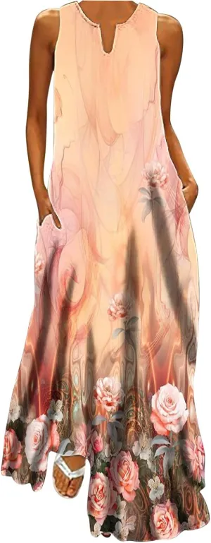 Women Casual Loose Printed Tank Dress Summer Beach V-Neck Pocket Sundress Loose Sleeveless Vacation Long Dress