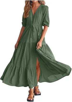 Women Summer Dresses Casual Short Sleeve Maxi Dress V Neck Split Long Beach Dress Button Drawstring Vacation Sundress
