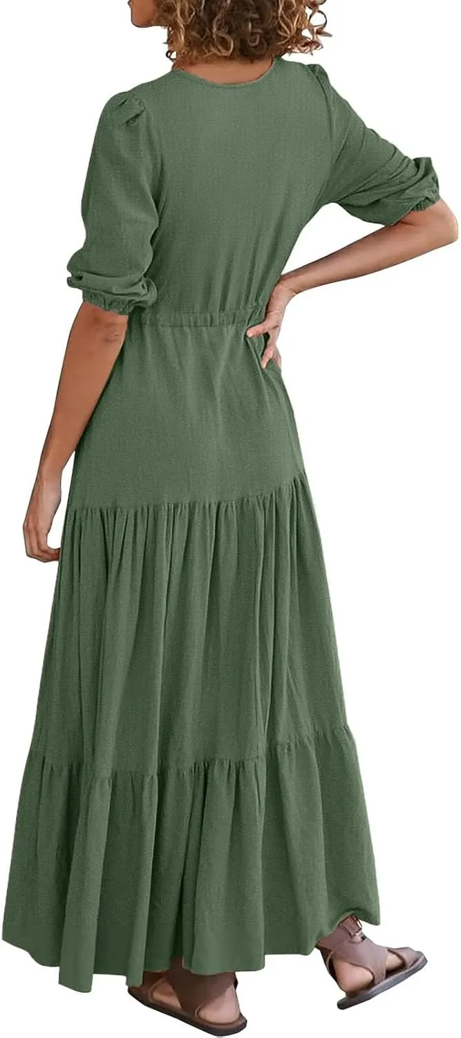 Women Summer Dresses Casual Short Sleeve Maxi Dress V Neck Split Long Beach Dress Button Drawstring Vacation Sundress