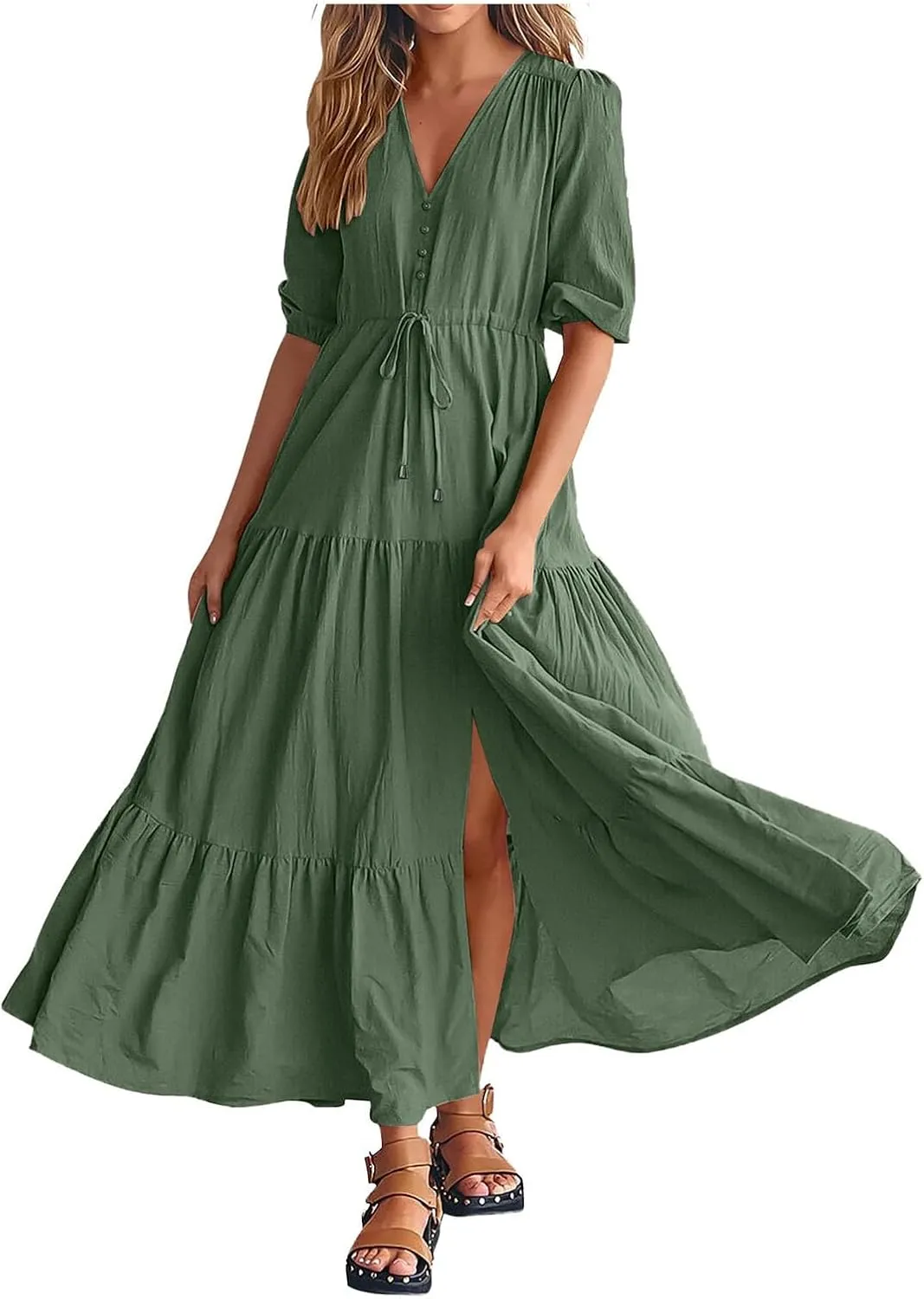 Women Summer Dresses Casual Short Sleeve Maxi Dress V Neck Split Long Beach Dress Button Drawstring Vacation Sundress