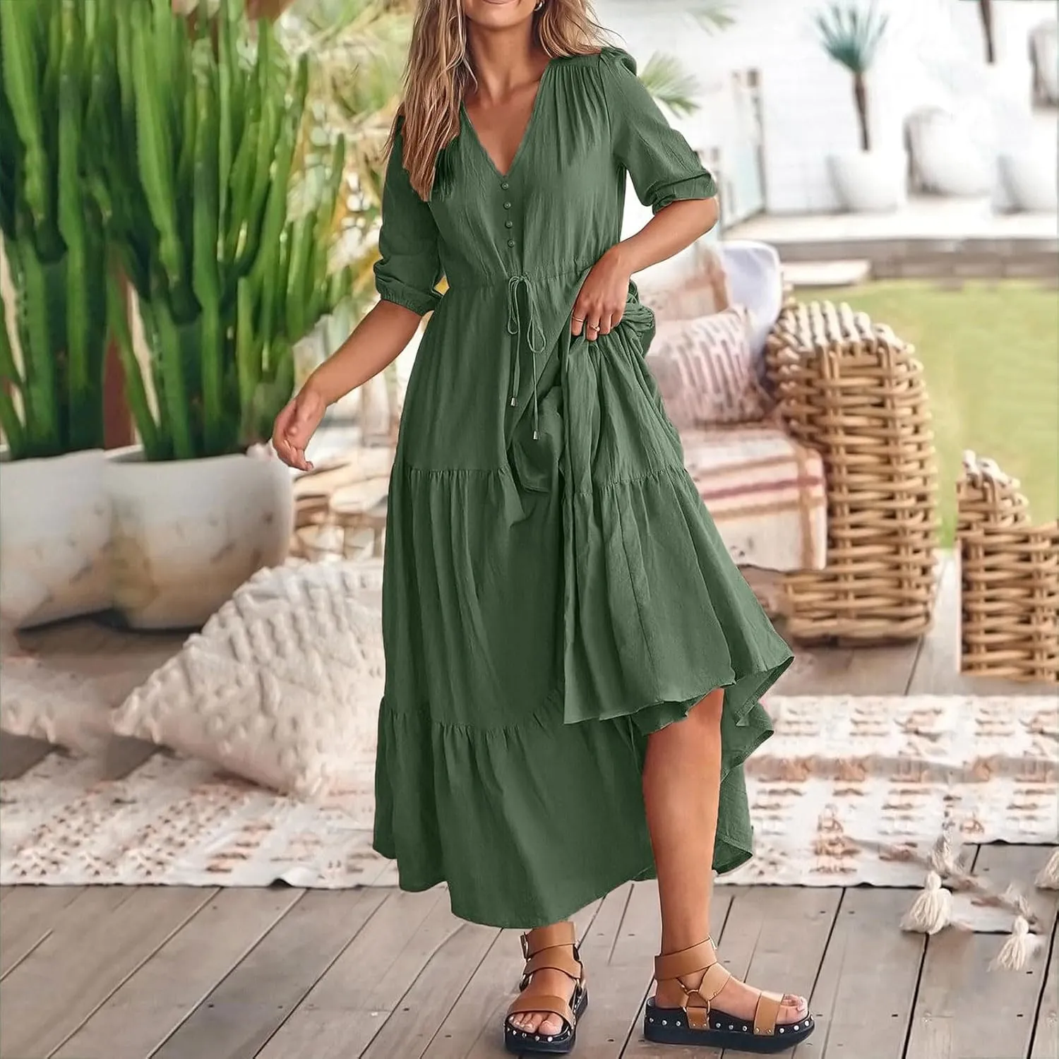Women Summer Dresses Casual Short Sleeve Maxi Dress V Neck Split Long Beach Dress Button Drawstring Vacation Sundress