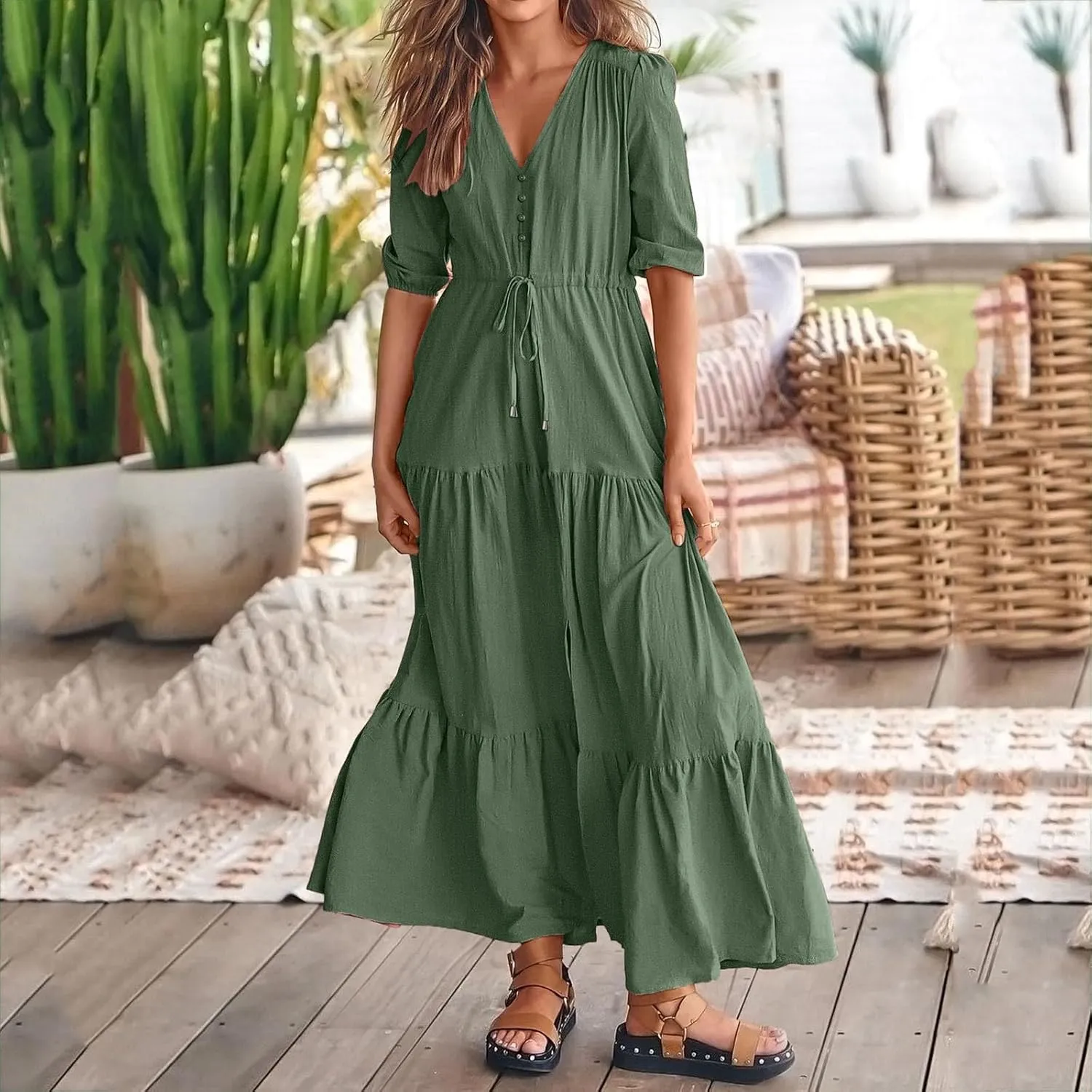 Women Summer Dresses Casual Short Sleeve Maxi Dress V Neck Split Long Beach Dress Button Drawstring Vacation Sundress
