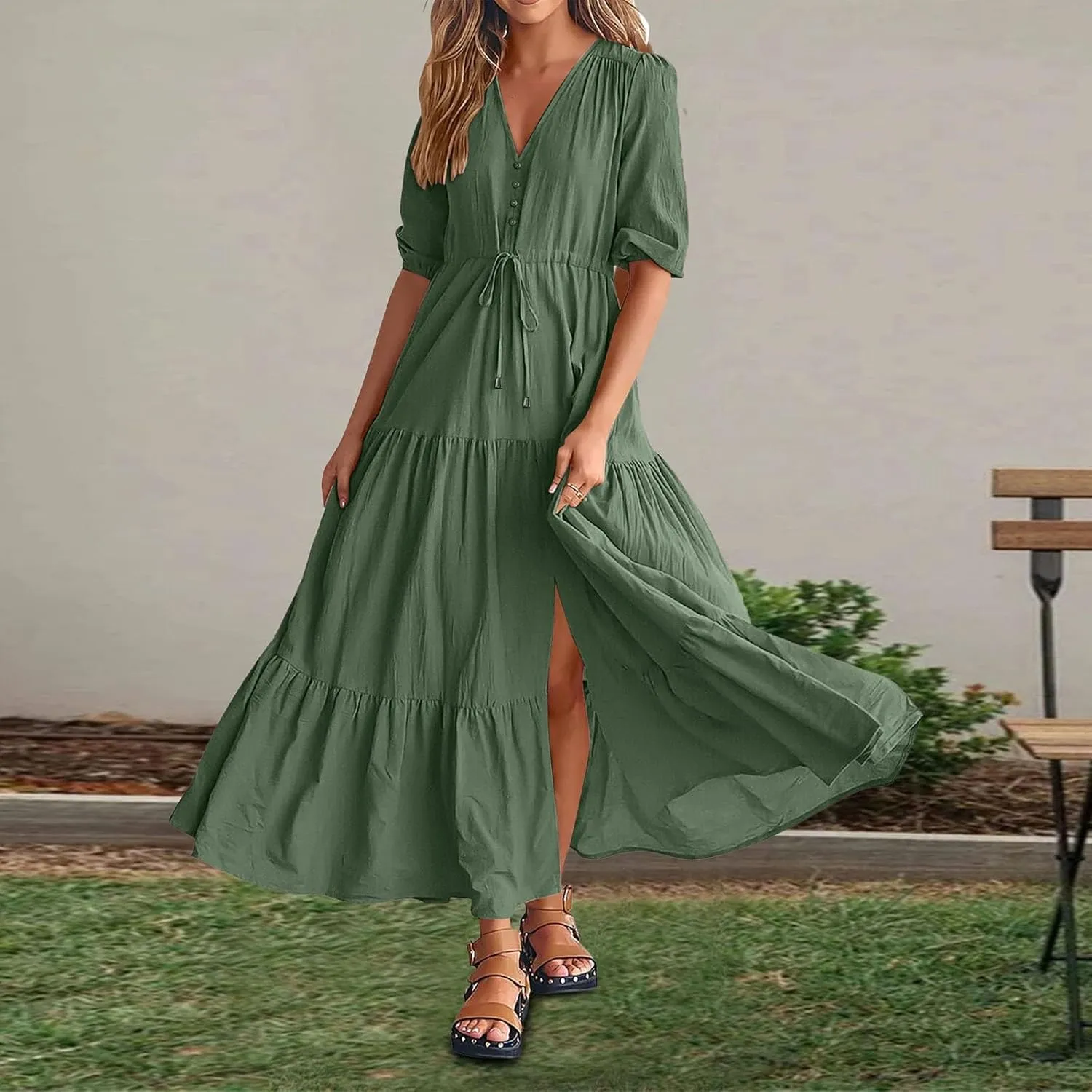 Women Summer Dresses Casual Short Sleeve Maxi Dress V Neck Split Long Beach Dress Button Drawstring Vacation Sundress