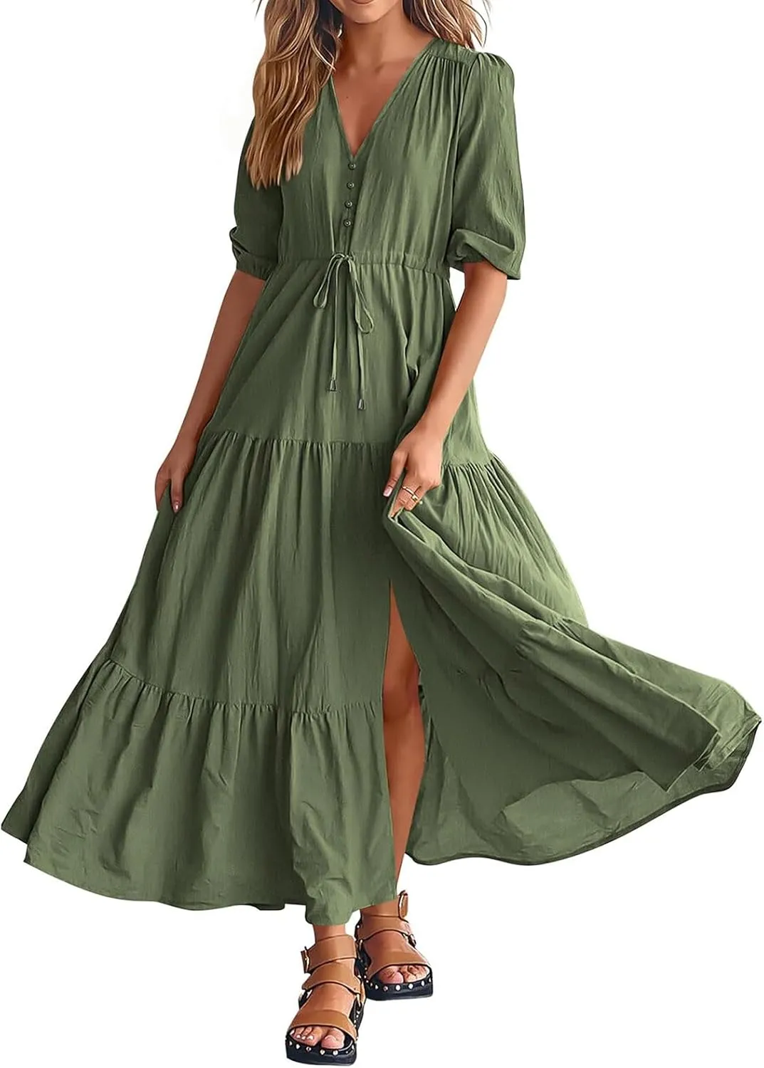 Women Summer Dresses Casual Short Sleeve Maxi Dress V Neck Split Long Beach Dress Button Drawstring Vacation Sundress