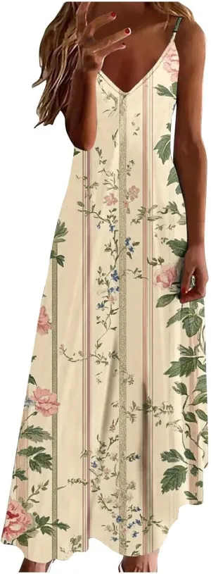 Womens 2025 Casual Sleeveless Sundress Plus Size Loose Floral Long Dresses Summer Boho Beach Maxi Dress with Pockets