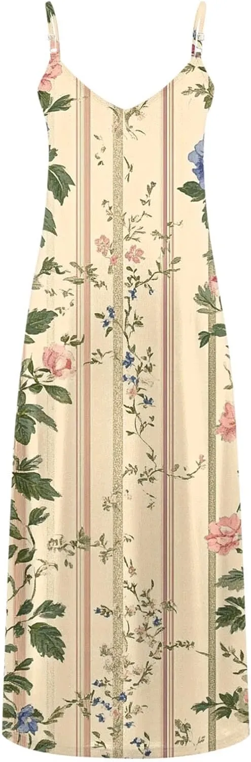 Womens 2025 Casual Sleeveless Sundress Plus Size Loose Floral Long Dresses Summer Boho Beach Maxi Dress with Pockets