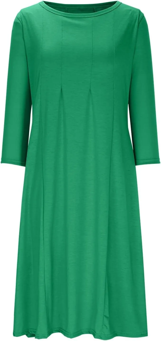 Womens A-line Midi Long Dress Trendy 3/4 Sleeve Plus Size Casual Spring Fall Dresses Crew Neck Shirt Long Tunic Dress