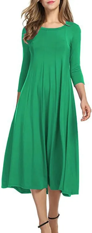 Womens A-line Midi Long Dress Trendy 3/4 Sleeve Plus Size Casual Spring Fall Dresses Crew Neck Shirt Long Tunic Dress