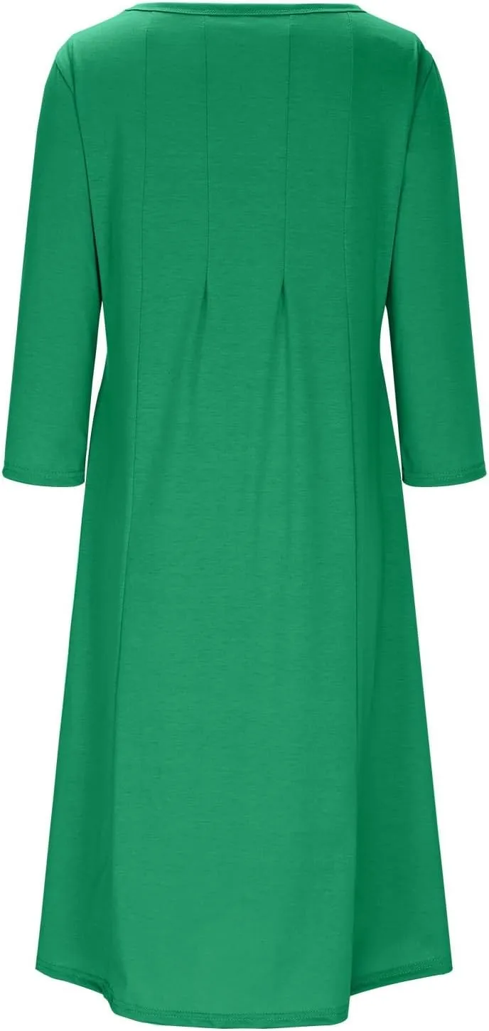 Womens A-line Midi Long Dress Trendy 3/4 Sleeve Plus Size Casual Spring Fall Dresses Crew Neck Shirt Long Tunic Dress