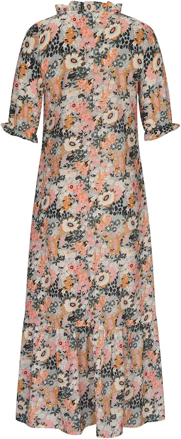 Womens Casual Spring Summer Shirt Dress V-Neck Short Sleeve Boho Printed Dress Flowy Cinched Waist Elegant Long Dress