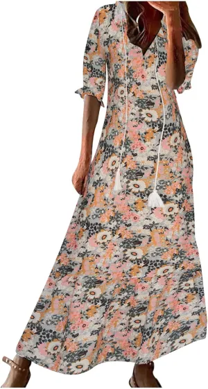 Womens Casual Spring Summer Shirt Dress V-Neck Short Sleeve Boho Printed Dress Flowy Cinched Waist Elegant Long Dress
