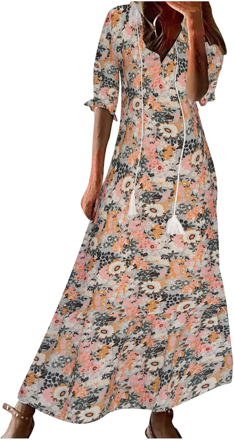 Womens Casual Spring Summer Shirt Dress V-Neck Short Sleeve Boho Printed Dress Flowy Cinched Waist Elegant Long Dress