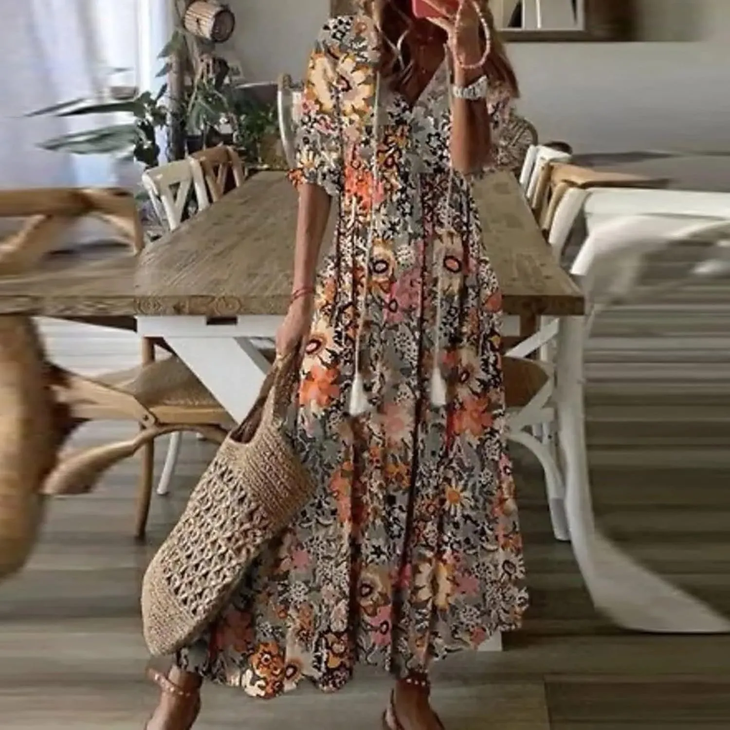 Womens Casual Spring Summer Shirt Dress V-Neck Short Sleeve Boho Printed Dress Flowy Cinched Waist Elegant Long Dress