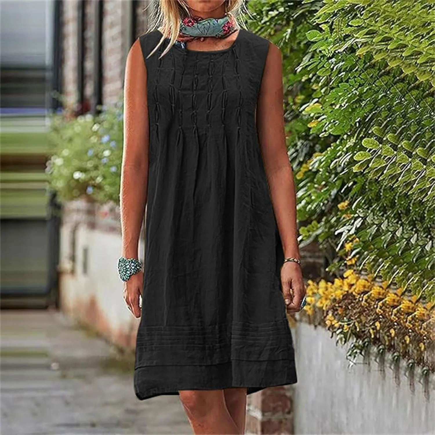 Womens Cotton Linen Midi Dress Summer Solid Color Short Sleeve Crew Neck T-Shirt Plus Size Flowy Beach Dress