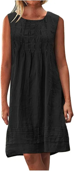 Womens Cotton Linen Midi Dress Summer Solid Color Short Sleeve Crew Neck T-Shirt Plus Size Flowy Beach Dress
