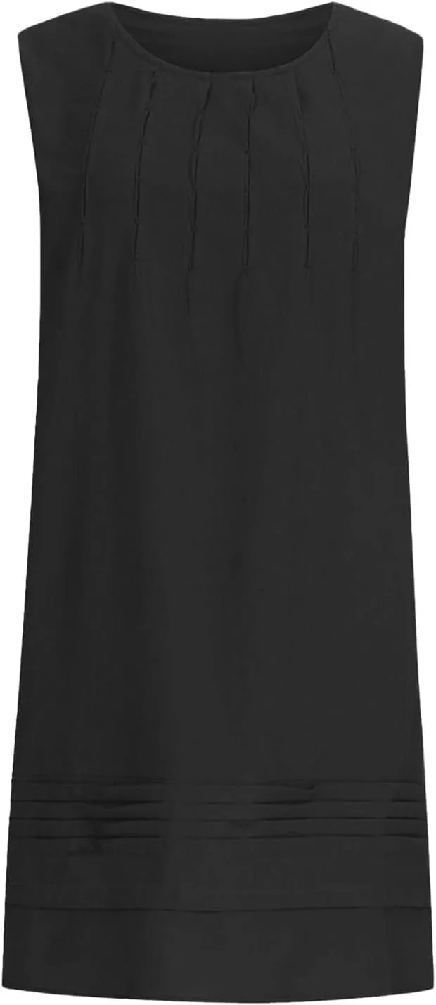 Womens Cotton Linen Midi Dress Summer Solid Color Short Sleeve Crew Neck T-Shirt Plus Size Flowy Beach Dress