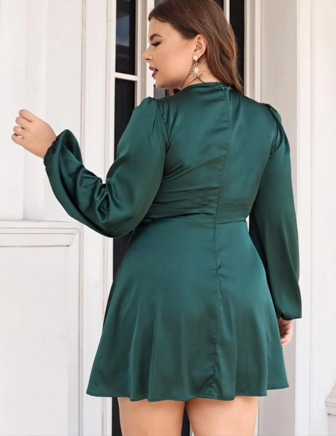 Women's Dress Satin Deep V-Neck Long Sleeve Mini Dress Silk Lantern Sleeve A-Line Front Cut Out Dresses