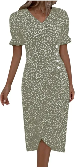 Women's Dress V Neck Boho Summer Casual Dresses Floral Short Sleeve Wrap Irregular Hem Dress 2024, S-3XL