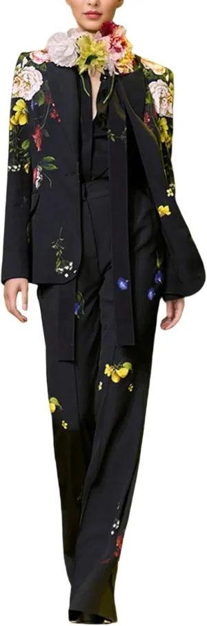 Women's Elegant Suit Flower Printed Single Button Blazer Coat High Waist Long Flare Pants Ladies' Two Pieces Sets