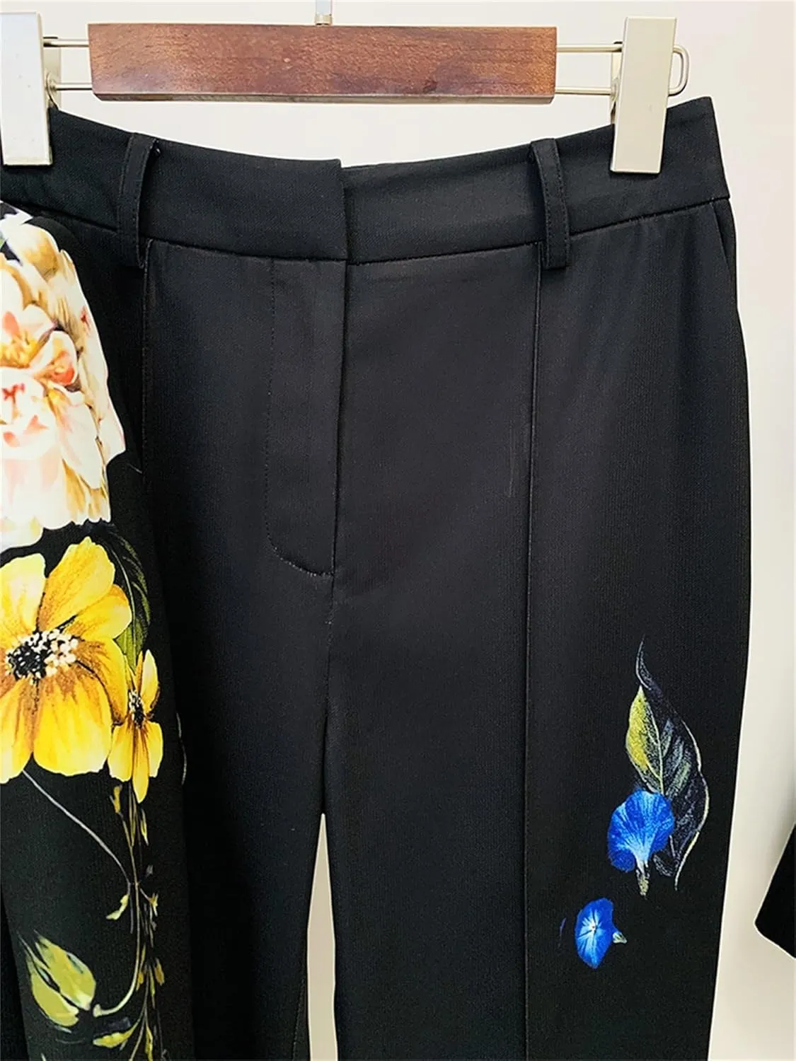 Women's Elegant Suit Flower Printed Single Button Blazer Coat High Waist Long Flare Pants Ladies' Two Pieces Sets